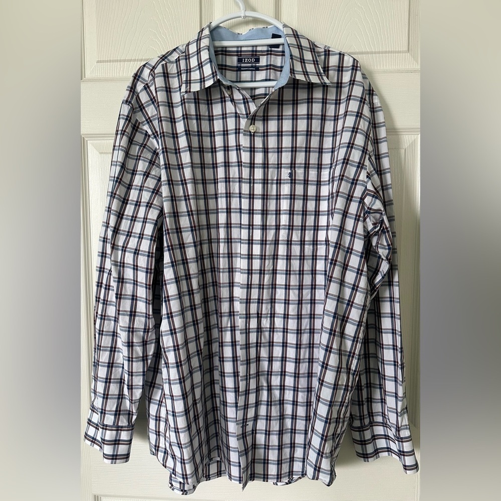 IZOD Men's Long Sleeve Button Down Shirt Plaid Shirt - Blue and Brown Size XLT